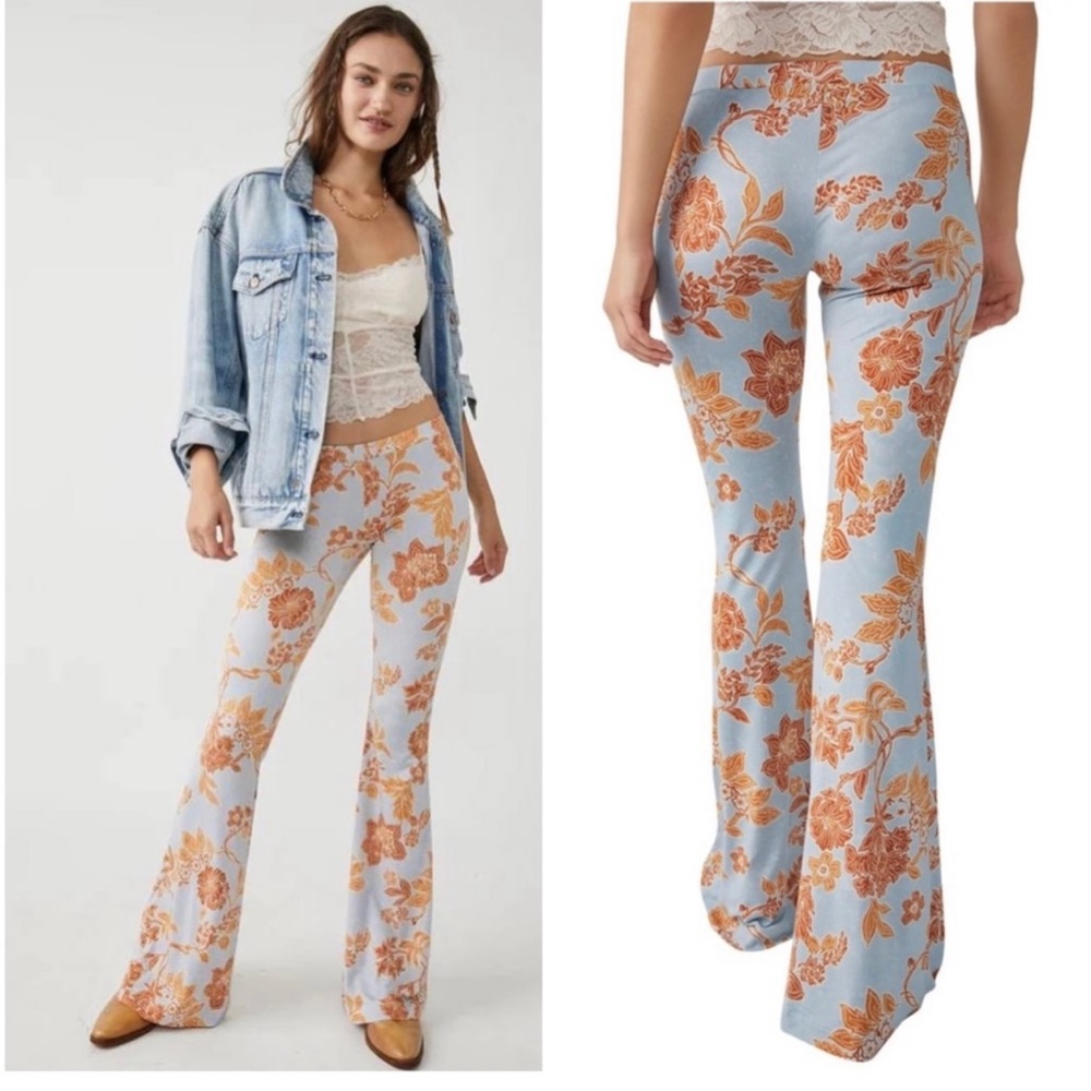 Free People Sky Blue Floral Bootcut Pants with Rust Orange Print